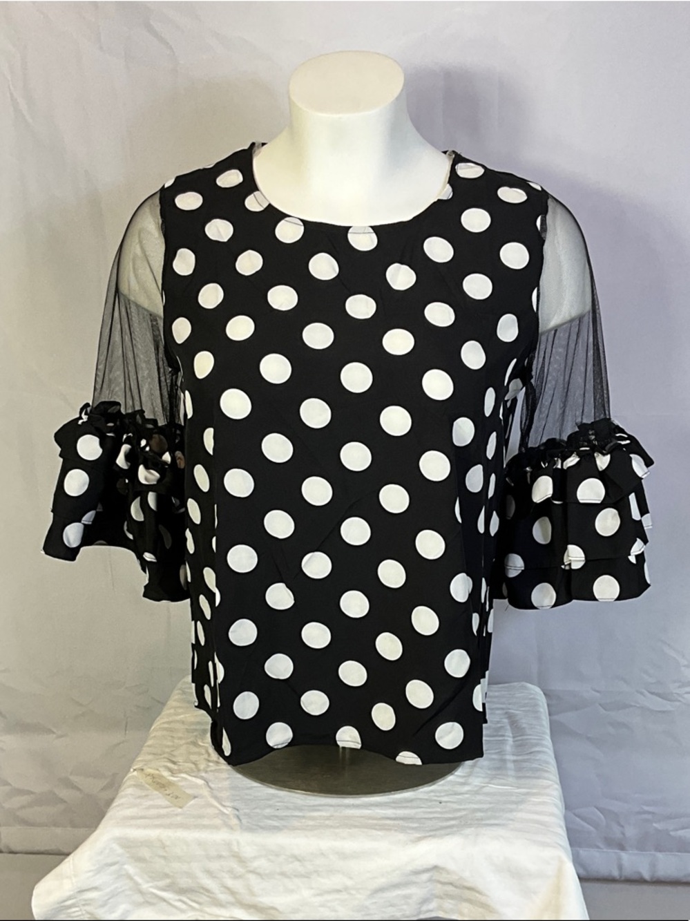 WoWo Black & White Polka Dot Ruffle Three Quarter Inch Sleeve Blouse Size 1X